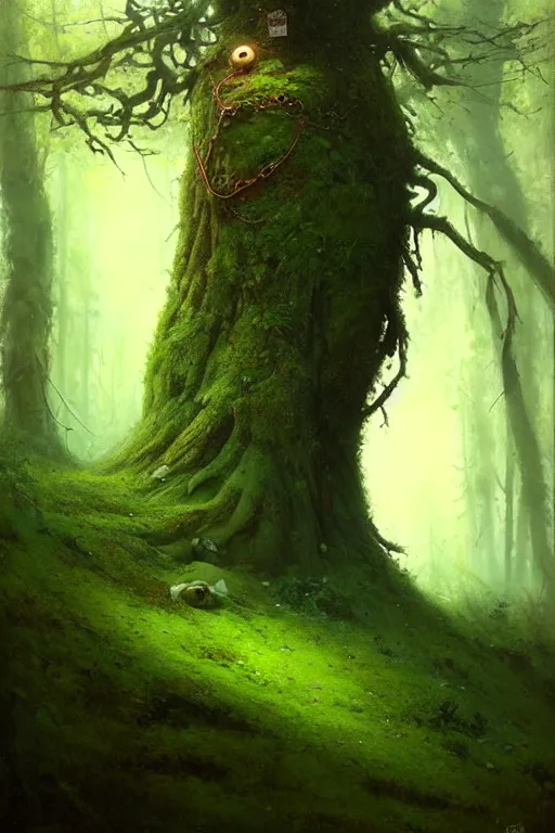 Image similar to great fat tree with a moss moustache in the woods by bayard wu, anna podedworna, gaston bussiere, greg rutkowski