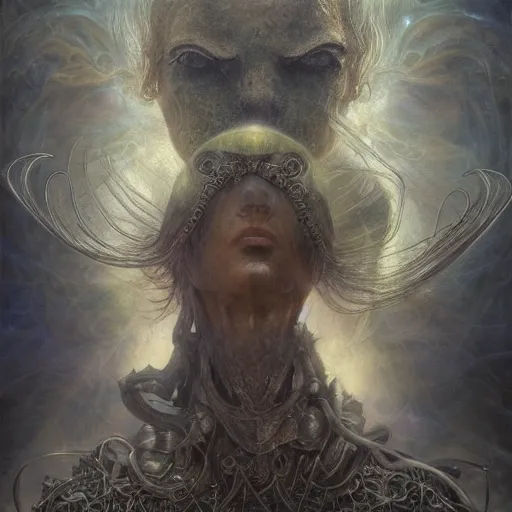 Image similar to Baroque Cyborg Merlin by Brian Froud, Alan Lee, Josh Kirby, Luis Royo, Alex Grey annd Agostino Arrivabene. beautiful strange detailed painting 8k resolution deviantart trending on Artstation concept art digital illustration psychedelic surrealism Unreal Engine ZBrush volumetric lighting