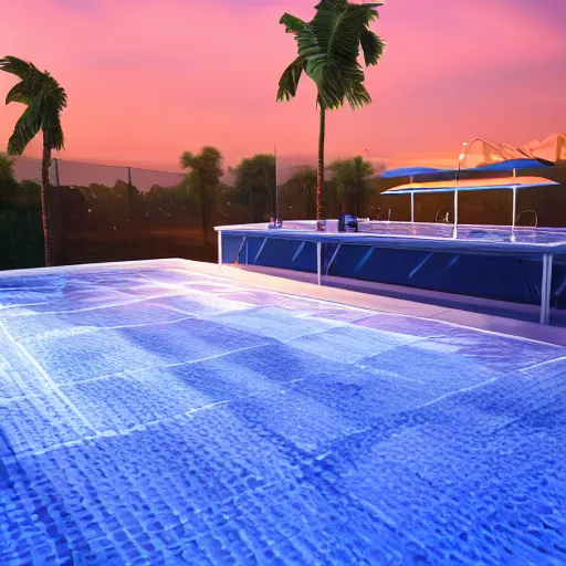 Image similar to a bar made with translucid fabric, swimming pool in front, parametric, blue hour, hyperrealistic, elevation, vray, unreal engine, trending on artstation