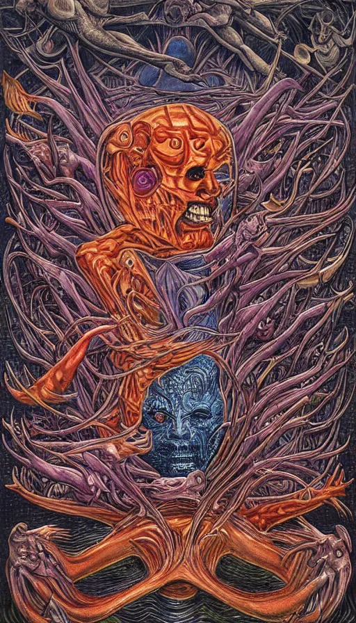 Image similar to man on boat crossing a body of water in hell with creatures in the water, sea of souls, by alex grey,