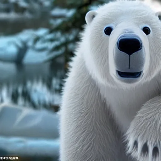 Image similar to pixar still, polar bear, cute polar bear,located in the forest