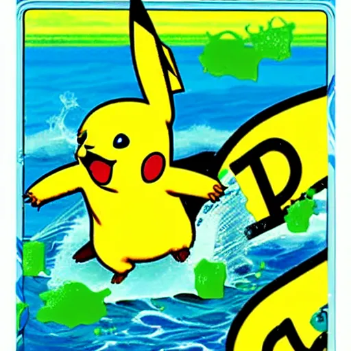 Prompt: pikachu surfing on a wave made of green slime, pokemon tcg image