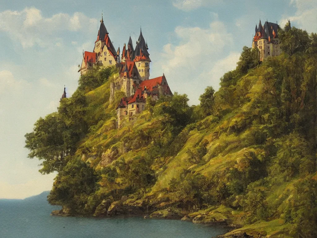 Image similar to a painting of a german castle on the cliff