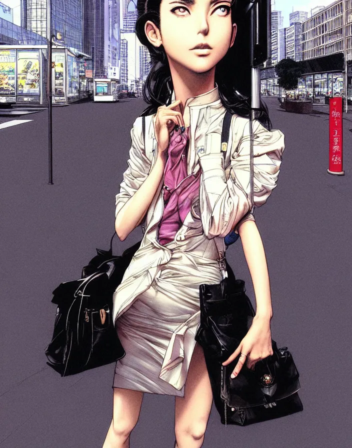 Image similar to portrait of a snobby rich mexican girl standing at a bus stop, by katsuhiro otomo, yoshitaka amano, nico tanigawa, and artgerm rendered with 3 d effect, sweet artpiece.