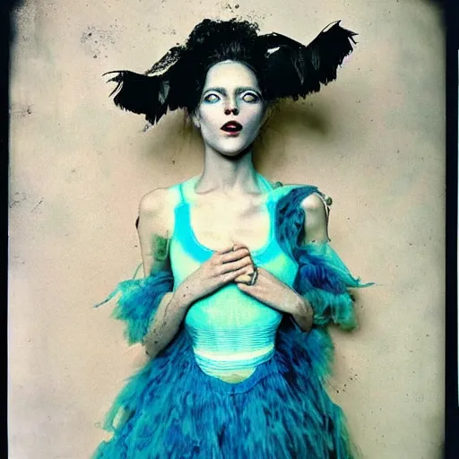 Image similar to kodak portra 4 0 0, wetplate, photo of a surreal artsy dream scene,, very beautiful girl, weird fashion, grotesque, extravagant dress, carneval, animal, wtf, photographed by paolo roversi style