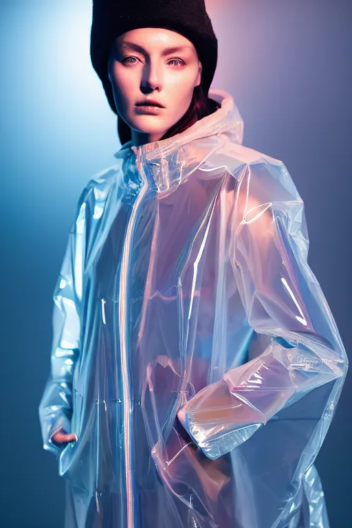 Image similar to an ultra high definition professional high fashion portrait studio full length photograph of a model wearing a transparent pearlescent raincoat and neon visor in an icelandic black rock environment at dawn. no artefacts. extremely detailed. stark. refraction. shallow depth of field. volumetric light and shadow. ray tracing. light rays.