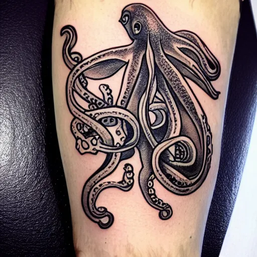 Prompt: a octopus eating a boat, tattoo art, tattoo design