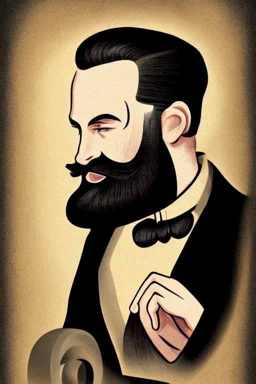 Image similar to an illustration of a portrait of a respectable dignified 1 9 3 0's era mennonite preacher with kind eyes and trimmed red beard and conservative haircut in the style of art - deco artwork art by kyle ferrin and loish!, digital art, highly detailed, intricate, sharp focus, trending on artstation hq, deviantart, 4 k uhd image