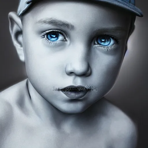 Image similar to a detailed portrait of a boy with light blue eyeswearing a black cap, realistic and detailed eyes, art illustration, incredibly highly detailed and realistic, 8 k, sharp focus