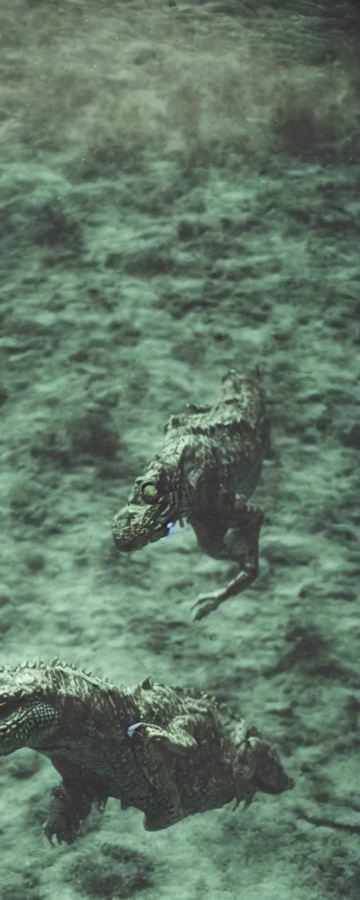 Image similar to an ultra wide colour 3 5 mm film photo of a terrifying half reptile half humanoid hybrid creature, hunting underwater in a public swimming pool, liminal spaces, ritual occult gathering, film grain