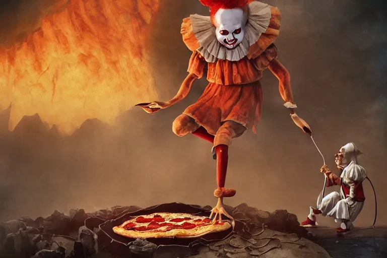 Image similar to pennywise as pulcinella! making pizza, in the backgroun vesuvius spewing lava, by esao andrews, by james jean, post - apocalyptic, hyperrealistic, big depth of field, black sky, glowing pools of lava, 3 d octane render, 4 k, conceptart, masterpiece, hyperrealistic, trending on artstation