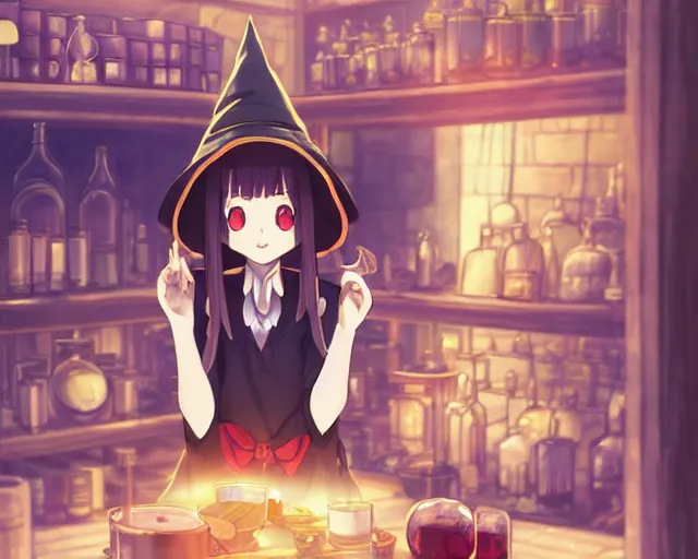 Image similar to anime visual, portrait of a young female traveler wearing a witch hat in a alchemist's potion shop interior, cute face by yoh yoshinari, katsura masakazu, cinematic luts, cold colors, dynamic pose, dynamic perspective, strong silhouette, anime cels, ilya kuvshinov, crisp and sharp, rounded eyes, moody