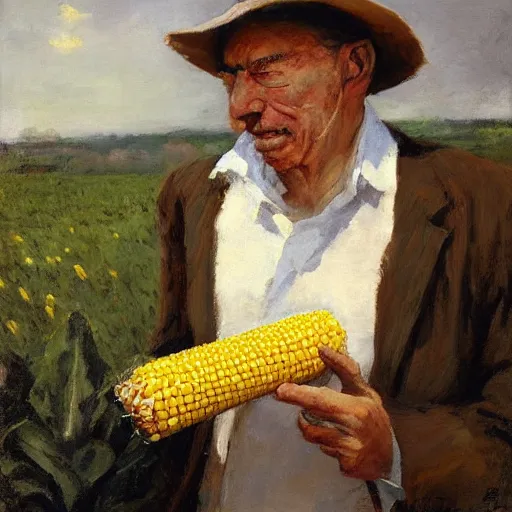 Image similar to a highly detailed beautiful portrait of man enjoying corn on the cob, by gregory manchess, james gurney, james jean