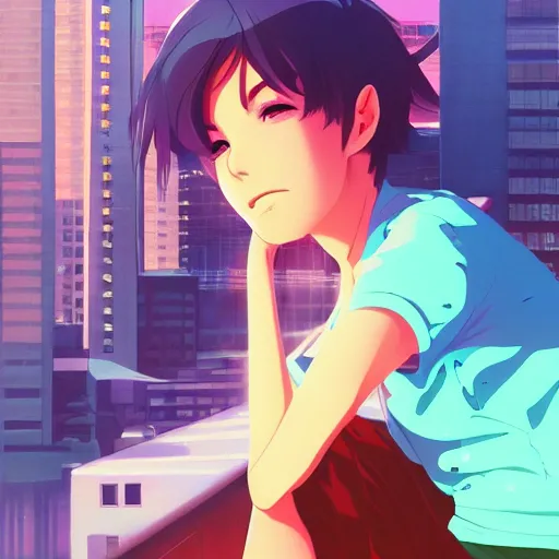 Image similar to portrait of A teenager smoking, city background, rich vivid colors, ambient lighting, dynamic lighting, 4k, HQ, official media, anime key visual, makoto shinkai, ilya kuvshinov, lois van baarle, rossdraws, detailed, trending on artstation