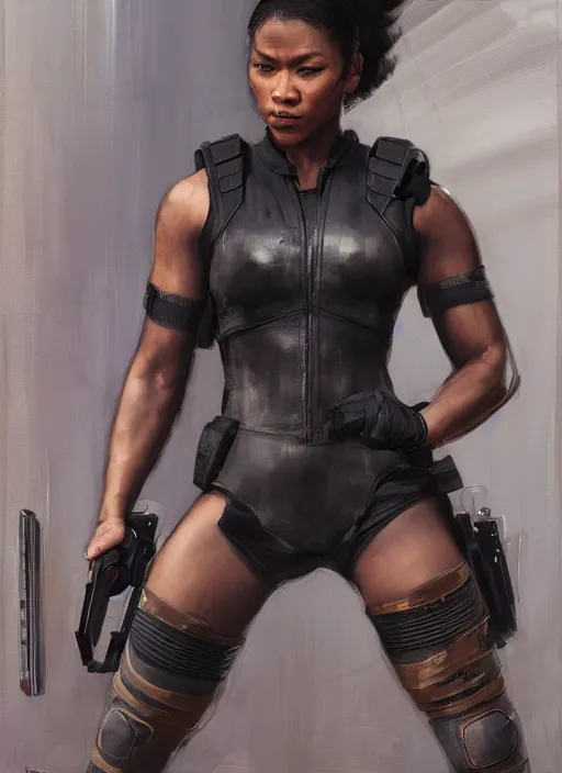 Image similar to black chun li teaching self defense. cyberpunk police trooper in a military vest ( blade runner 2 0 4 9, cyberpunk 2 0 7 7 ). orientalist portrait by john william waterhouse and james gurney and theodore ralli and nasreddine dinet, oil on canvas. cinematic, hyper realism, realistic proportions, dramatic lighting, high detail 4 k