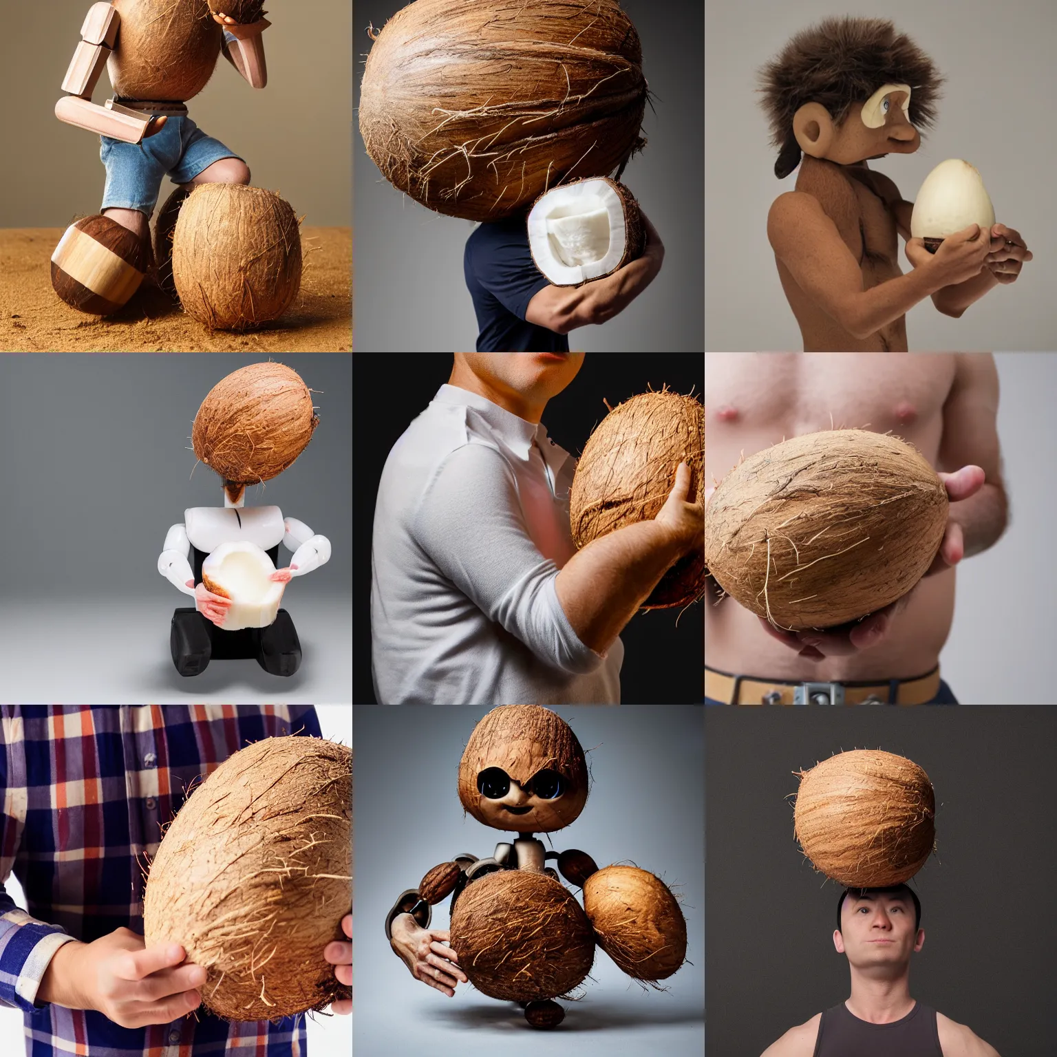 Prompt: man with split coconut as head in the split coconut are small robots, portrait, studio lightning, 8k