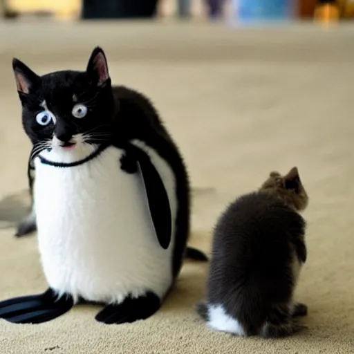 Image similar to a kitten with the body of a penguin but the head of a kitten.