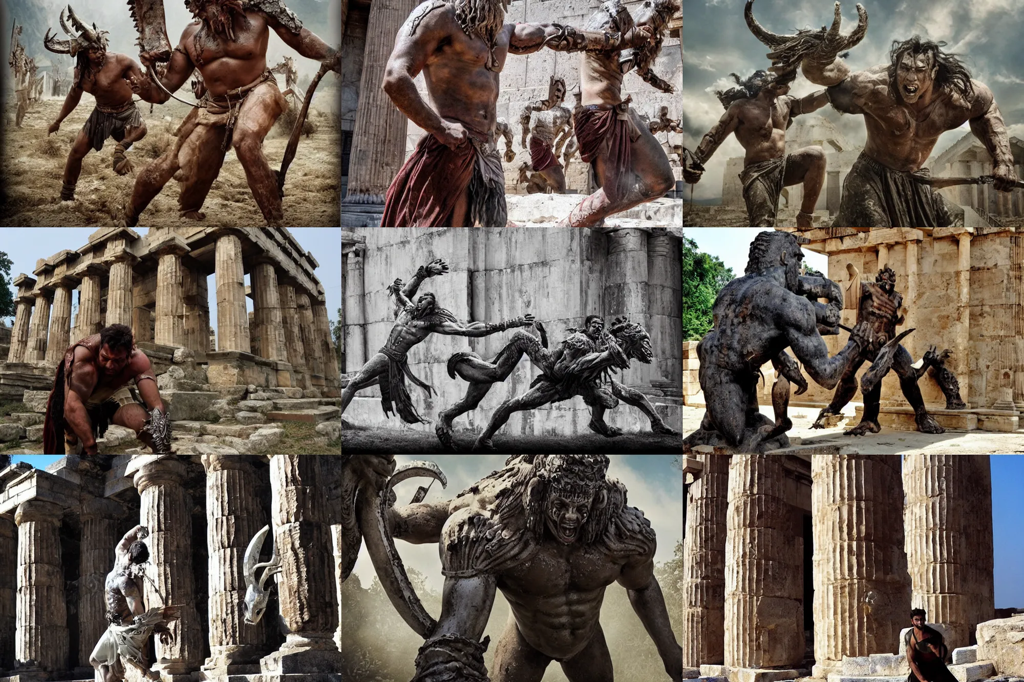 Prompt: large, brutal monster. outside of ancient greek temple. bollywood fantasy action movie still. horrible battle. many scars. death.