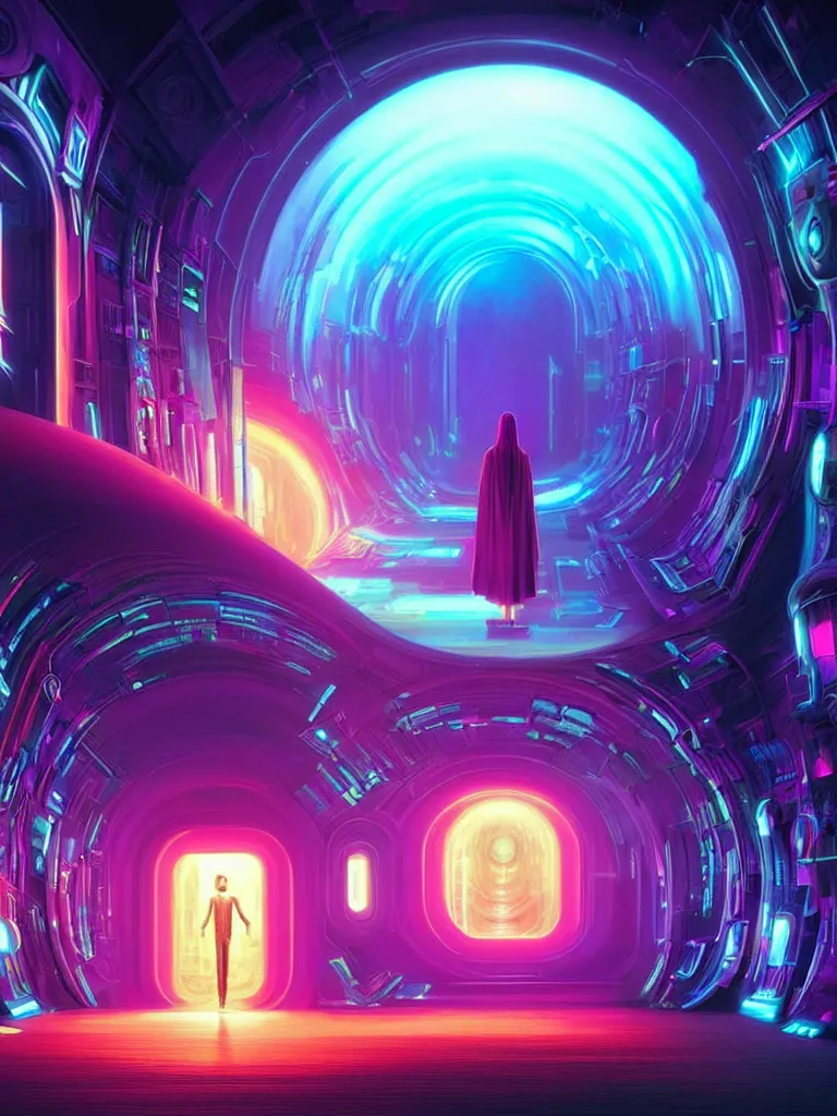 Image similar to entrance to mainframe ethereal realm, ai sentient, rendered in unreal engine, central composition, symmetrical composition, dreamy colorful cyberpunk colors, 6 point perspective, fantasy landscape with anthropomorphic terrain in the styles of igor morski, jim warren and rob gonsalves, intricate, hyperrealistic, volumetric lighting, neon ambiance, distinct horizon