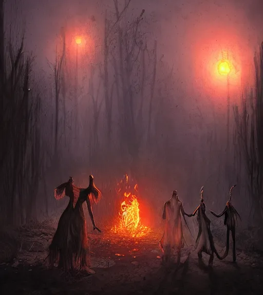 Image similar to gothic decaying pyromancers, digital painting, liminal eerie midnight backlit, a picture taken by Daniel Dos Santos and Michael Komarck