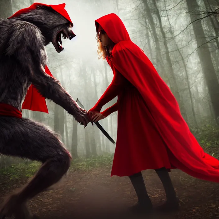 Prompt: a beautiful red riding hood warrior fighting a werewolf. 8k