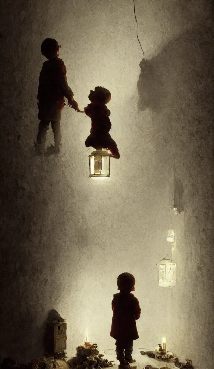 Image similar to a kid in a room full of ghost using his lantern to iluminate the walls, part by Norman Rockwell, part by Greg Rutkowski , part by Mattias Adolfsson, high angle, intricate, detailed, (((volumetric lighting))), oil on canvas