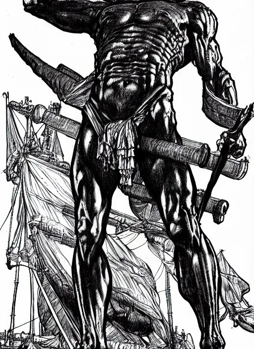 Image similar to line drawing the colossus of rhodes, bernie wrightson extremely detailed, artstation