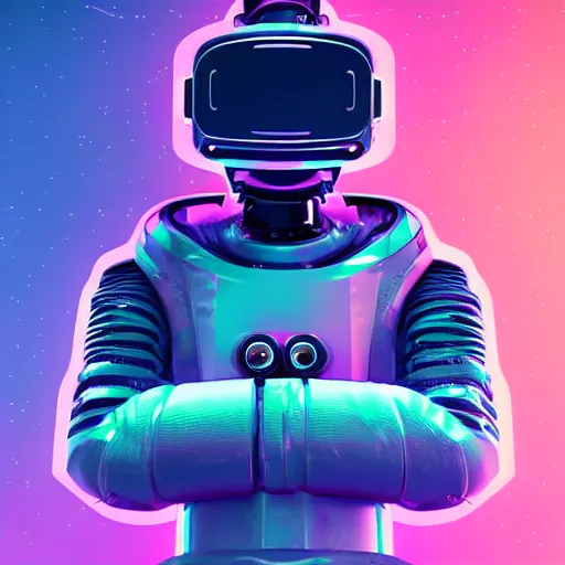 Image similar to cyberpunk astronaut bot, cinema 4 d, galaxy space sci - fi, wearing vr goggles, illustration, portrait, pastel neon textured background night, detailed,