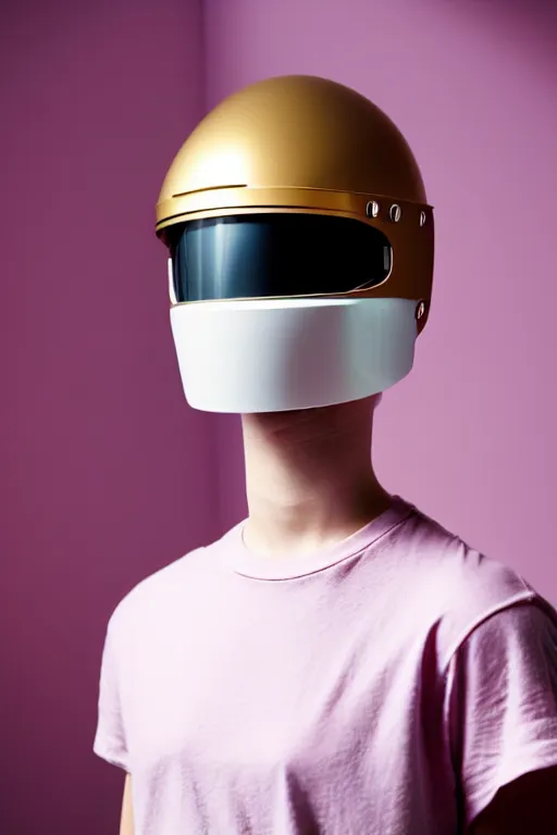 Image similar to a high definition film photograph of a normal androgynous robot human wearing a plain white t - shirt, in a pastel pink room. happy. metal visor covering eyes. metallic shiny gold coloured helmet. crushed shadows.