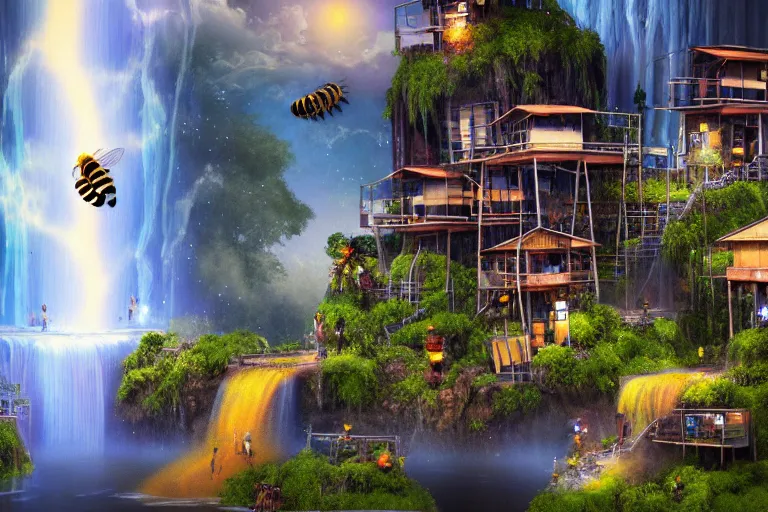 Prompt: waterfall favela honeybee hive, mission environment, lightning, industrial factory, award winning art, epic dreamlike fantasy landscape, ultra realistic,