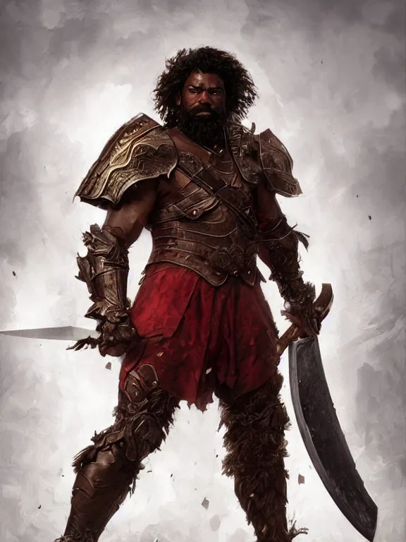 Prompt: male warrior, blood red armor, giant axe, messy curly hair, unkempt beard, dark brown skin, ready to fight, realistic, smooth, sharp focus, character select portrait, by artgerm, greg rutkowski, alphonse mucha, 3 d