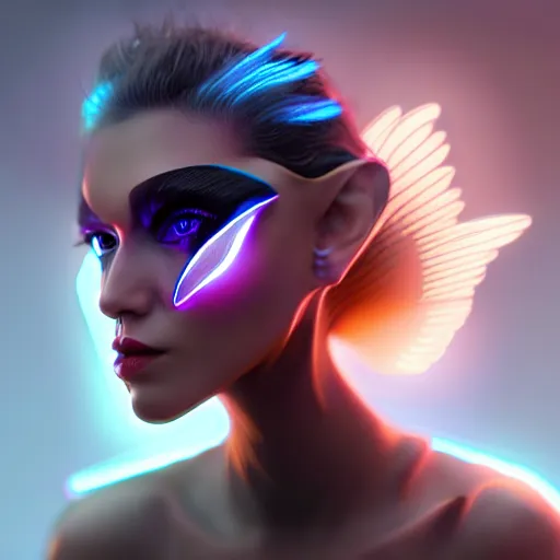 Prompt: futuristic female bird avatar with digital wings, hyper detailed face and eyes, lofty flight, centered, sharp focus, soft lighting by awarded concept art, wisdom, digital art 8 k hd, artstation, unreal engine 5