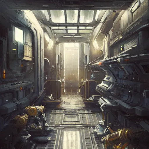 Image similar to scifi art by Greg Rutkowski, the engineering deck of the ship, with functional and utilitarian hallways, everything is in its place, claustrophobic and futuristic environment, detailed and intricate environment, high technology, highly detailed portrait, digital painting, artstation, concept art, smooth, sharp foccus ilustration, Artstation HQ.