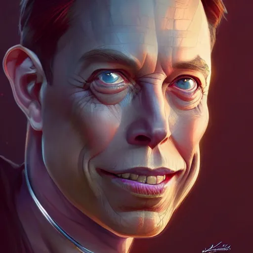 Image similar to Mischievous Elon as Zorg, western, closeup, D&D, fantasy, intricate, elegant, highly detailed, digital painting, artstation, concept art, matte, sharp focus, illustration, art by Artgerm and Greg Rutkowski and Alphonse Mucha