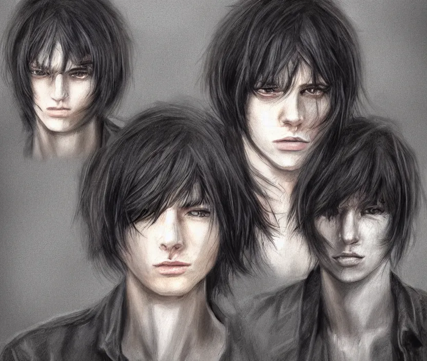 Image similar to headshot and upper bodyshot of a handsome yet boyish androgynous man with short to medium length stringly dark hair and long bangs covering one of his eyes, very nostalgic, very melancholic, dramatic angle, rotoscoped, rotoscope, photoshop, photomanipulation, realism, painting, illustration and sketch, weird scribbles, hybrid styles, hybrid art styles, mismatched, trending on artstation, trending on deviantart, weird, quirky, interesting, very detailed, highly detailed, HD Quality, 4k resolution, 8k resolution, in the style of David Firth, in the style of James Lee, in the style of Drue Langlois,