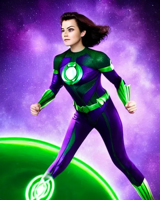 Prompt: photos of beautiful actress Ella Purcell as the Green Lantern Soranik Natu, as she soars thru outer space. Photogenic, purple skin, short black pixie like hair, particle effects, photography, studio lighting, cinematic