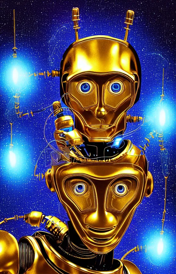 Prompt: portrait of a robot humanoid alien with golden armature, monkey alien face and medieval helmet. Galactic iridescent background in the style of Tim white and moebius