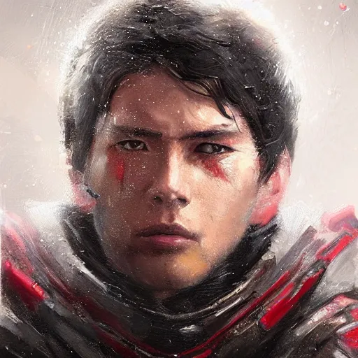 Prompt: portrait of a man by greg rutkowski, mixture between russian and japanese, black messy hair, star wars expanded universe, he is about 2 0 years old, wearing red tactical gear of the galactic triunvirate, highly detailed portrait, digital painting, artstation, concept art, smooth, sharp foccus ilustration, artstation hq