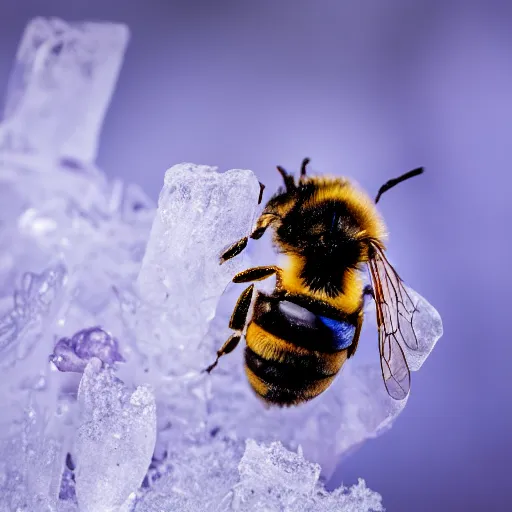 Image similar to a bee finding a beautiful flower, entrapped in ice, only snow in the background, beautiful macro photography, ambient light