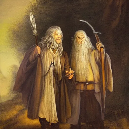 Prompt: gandalf the grey and frodo baggins in the shire In the style of rembrandt oil on canvas