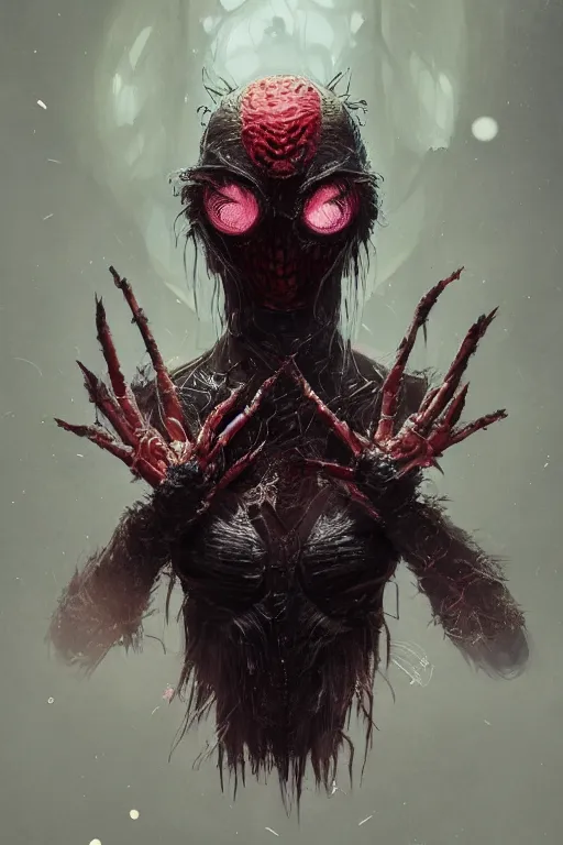 Image similar to A fancy portrait of a half women half spider creature by Greg Rutkowski, beeple, Sung Choi, Mitchell Mohrhauser, Maciej Kuciara, Johnson Ting, Maxim Verehin, Peter Konig, Bloodborne, 8k photorealistic, cinematic lighting, HD, high details, dramatic, dark atmosphere, trending on artstation