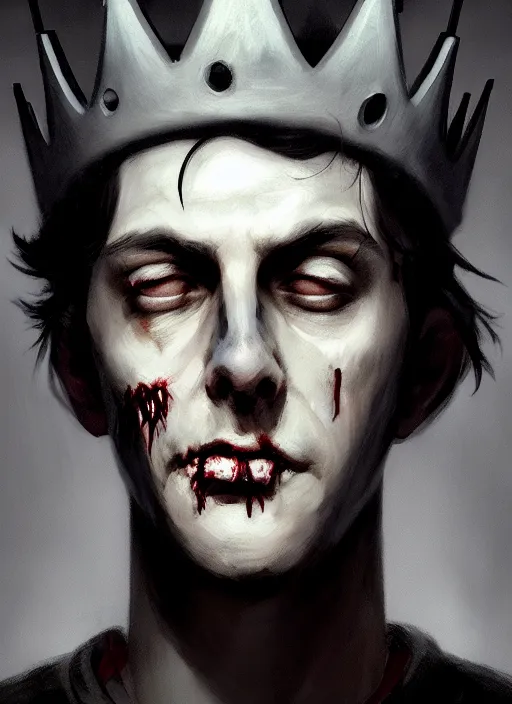 Image similar to portrait of zombie jughead jones wearing a light grey crown, photorealistic, zombie, crown, eyes closed, crown, black hair, intricate, elegant, glowing lights, highly detailed, digital painting, artstation, concept art, sharp focus, illustration, art by wlop, mars ravelo and greg rutkowski