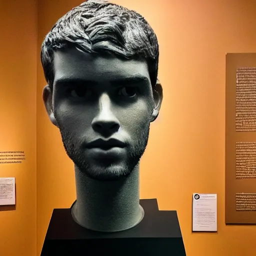 Image similar to “a realistic detailed photo of a guy who is an attractive humanoid who is half robot and half humanoid, who is a male android, actor Liam Hemsworth, shiny skin, posing like a statue, blank stare, at the museum, on display”