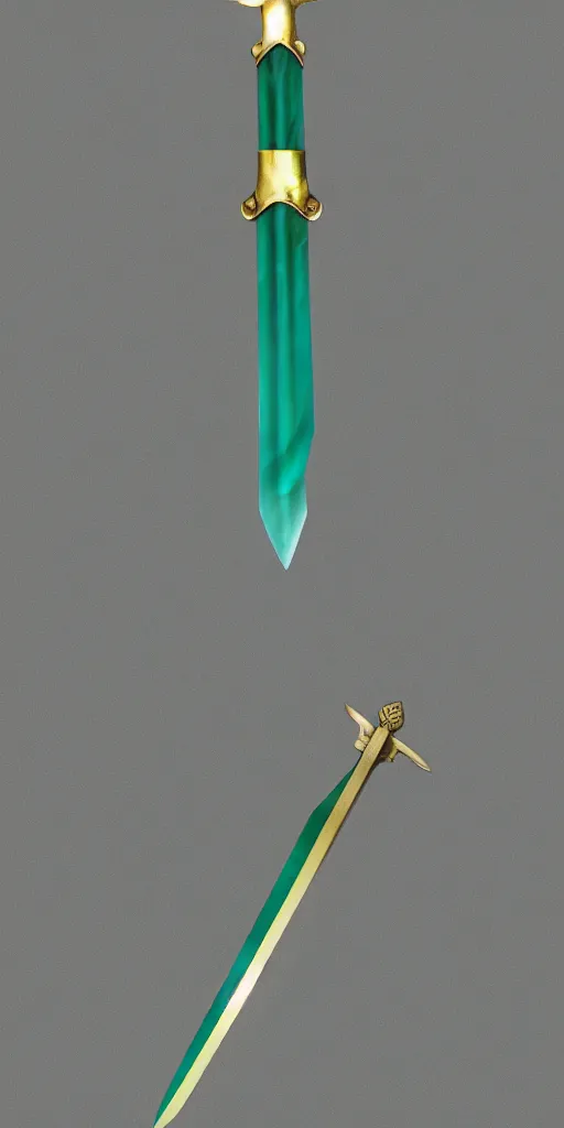 Image similar to photograph of a wide green and teal crystal sword blade attached to a big gold sword hilt