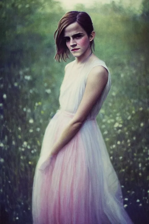 Prompt: color polaroid of Emma Watson by Andrei Tarkovsky, Richard Schmid, Jeremy Lipking full length shot, wearing in a summer dress, very detailed, stunning light, beautiful face