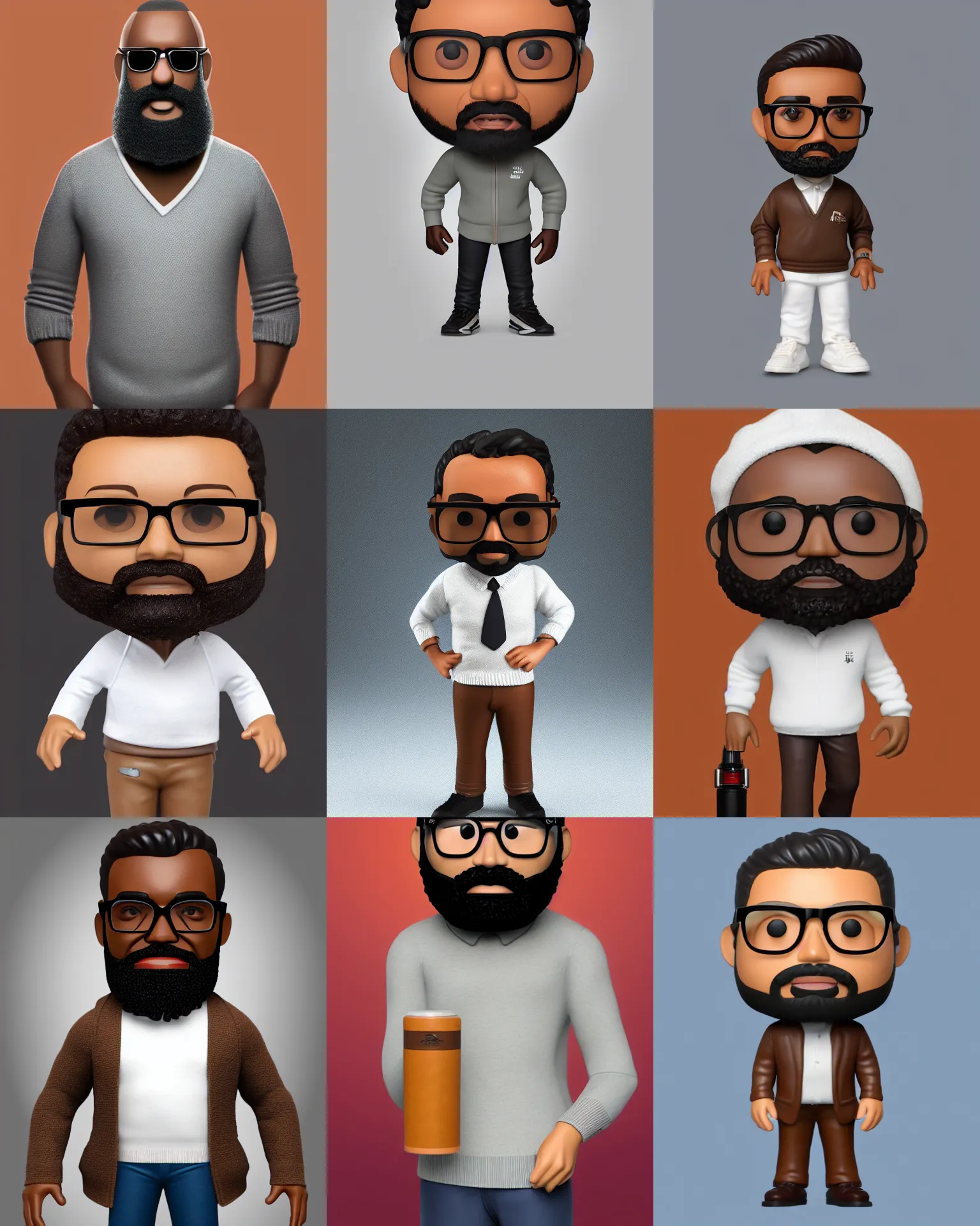 Prompt: full body 3d render of brown man with few beard wearing tobacco brown pullover, glasses, white collar, as a full body funko pop!, studio lighting, grey background, single body, no shadow, blender, trending on artstation, 8k, highly detailed