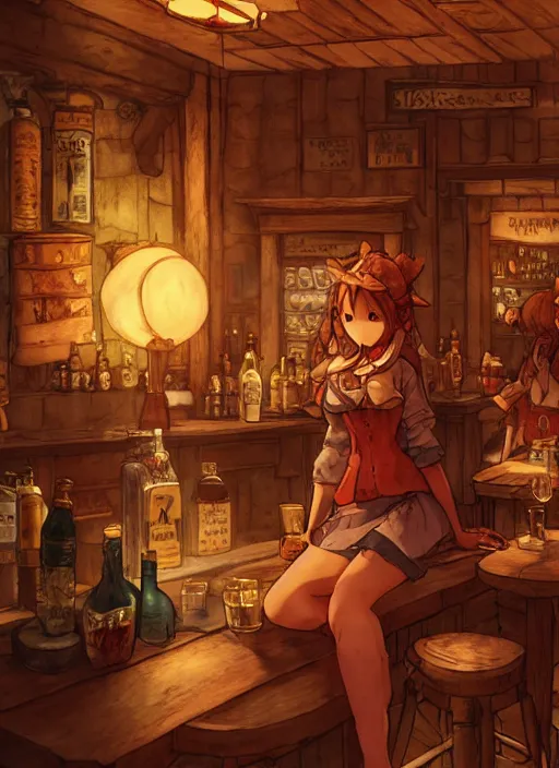 Image similar to anthro coyote barmaid in a cozy tavern, hidari, color page, tankoban, 4K, tone mapping, Akihiko Yoshida.