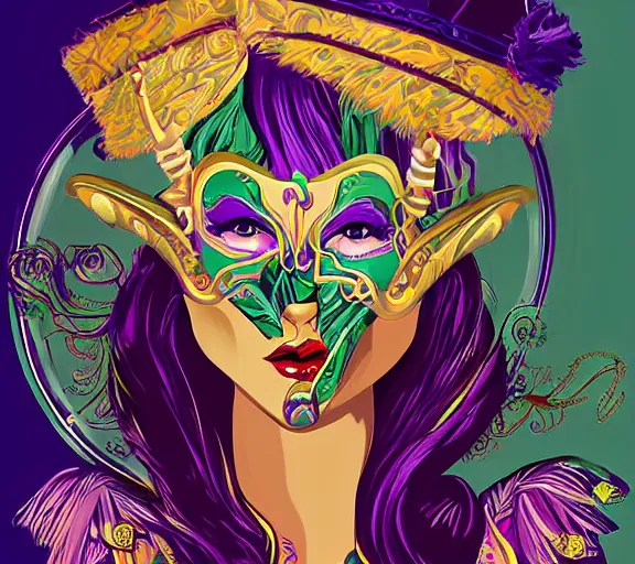 Image similar to beautiful female character inspired by new orleans mardi gras and pop art vampire bounty hunter | | digital artwork made by greg rutswork, anna dittmann and lois van barlee, symmetrical rim light, anatomically correct