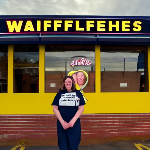 Image similar to wafflehouse employee's standing below wafflehouse sign