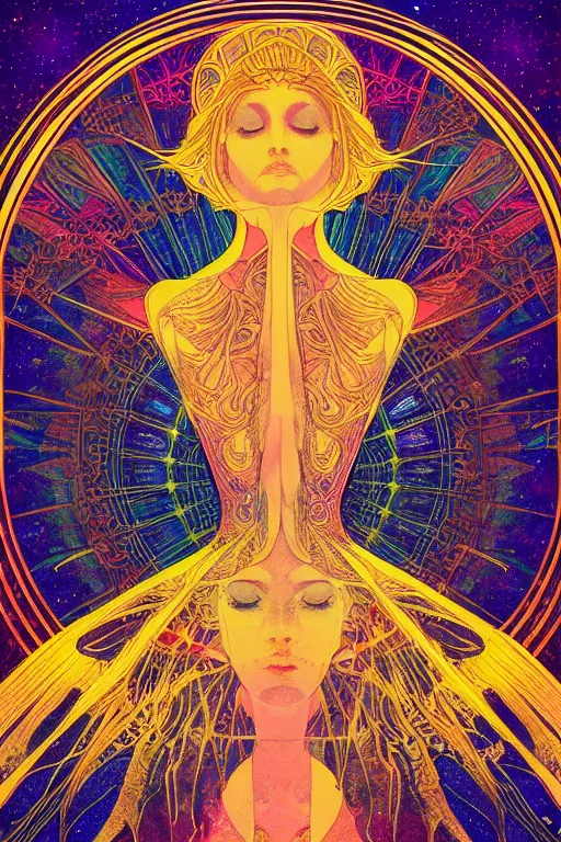 Image similar to beautiful goddess of space and dreams, mandala, coherent design, symmetrical, digital watercolor ink illustration painting, complementary color, golden ratio, detailed, sharp lines, sharp focus, intricate, rainbowshift, gustave dore, maxfield parrish, alphonse mucha, octane render